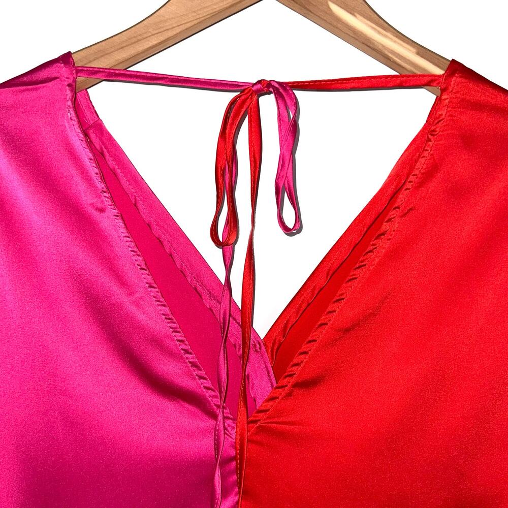 She + Sky Red Pink Split Satin Surplice Top Size Medium - Picture 7 of 11